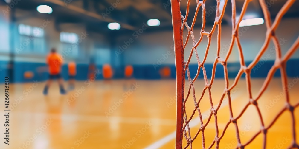 Poster indoor soccer game in action with players blurred in background and goal net in focus