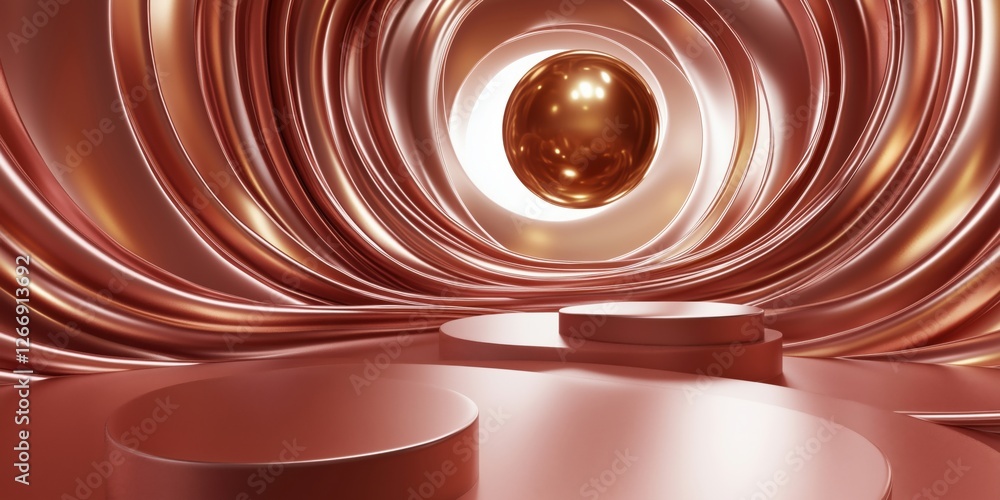 Poster abstract 3d rendering of a futuristic interior with metallic textures and glowing sphere
