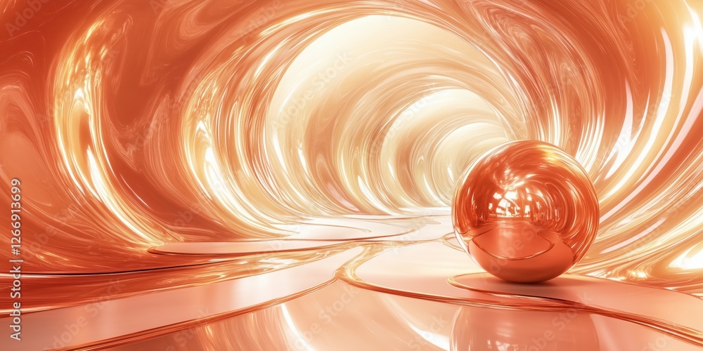 Poster abstract orange swirl tunnel with reflective egg-shaped object in futuristic environment