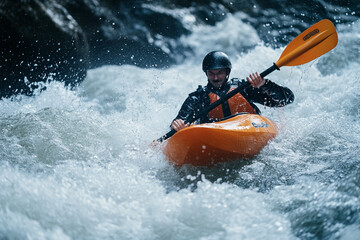 Fototapeta premium Thrilling moment of a kayaker paddling through whitewater rapids, showcasing the power of the water