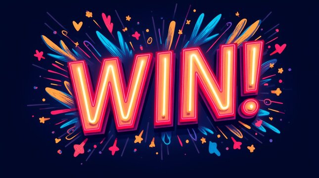 bright neon "WIN" sign surrounded by dynamic elements and vibrant colors