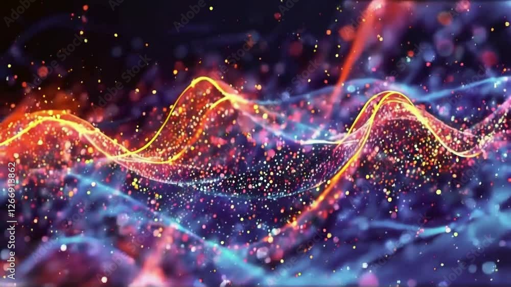 Poster luminous data waves, abstract visualization with glowing particles