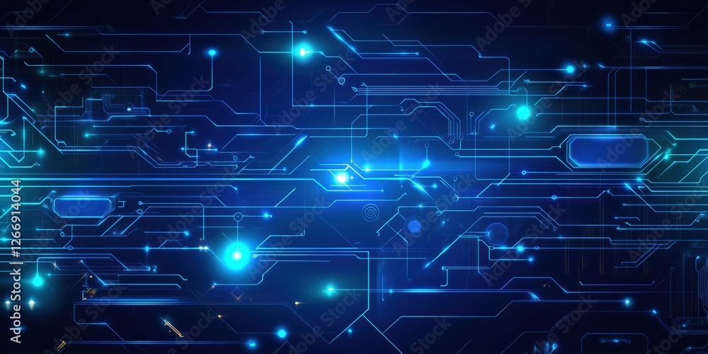 Poster futuristic blue circuit board design with glowing lines and nodes for technology backgrounds