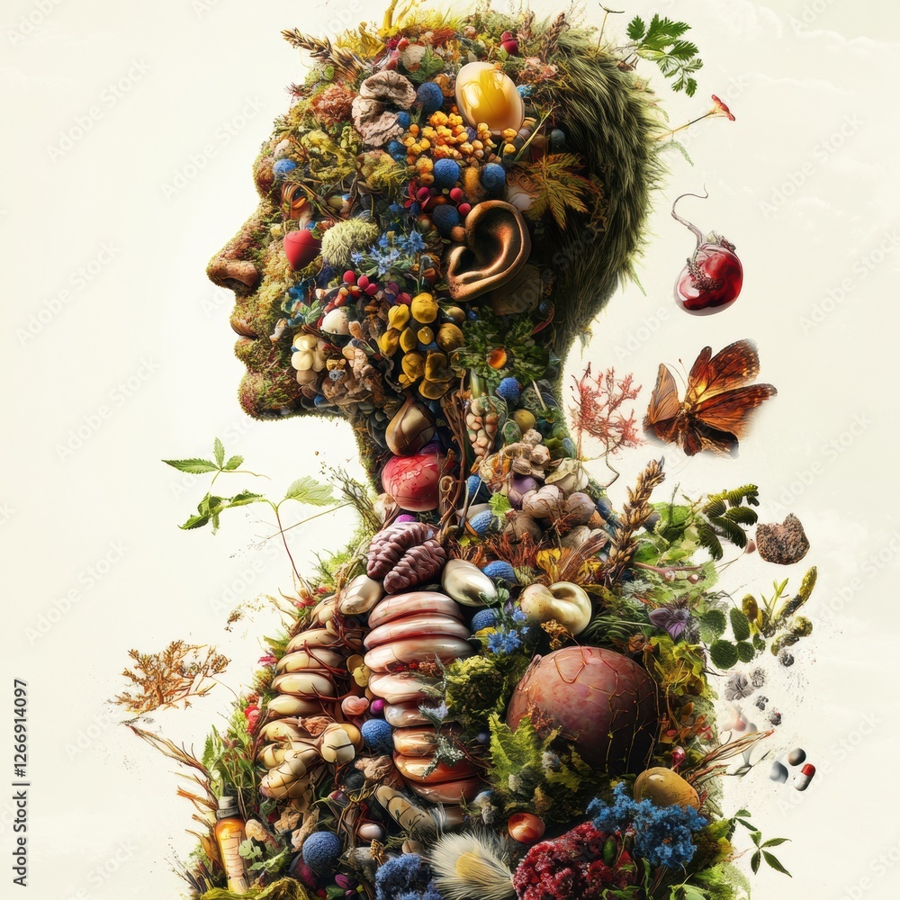 Poster man's silhouette filled with vibrant natural elements representing the harmony between humanity and 