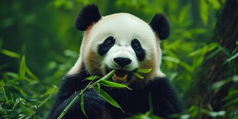 Fototapeta premium Giant panda eating bamboo in lush green forest habitat
