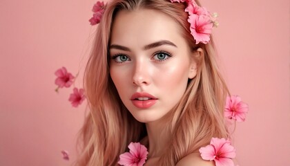 Fototapeta premium A photograph of two fair-skinned young women with long pink hair and bright blue eyes.