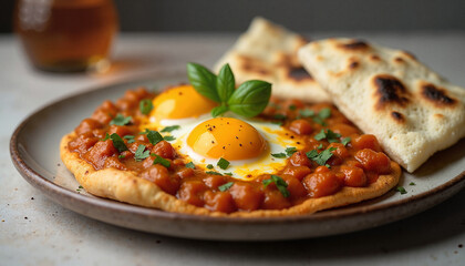 Egg curry with rich Indian spices served with flatbread on a brown plate for culinary concept