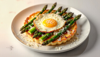 Asparagus and egg tartine topped with cheese on a white plate for culinary concept