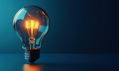 Glowing vintage light bulb with filament against dark blue background