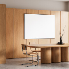 Modern interior with wooden table, chairs, and blank poster on wooden wall. 3D Rendering