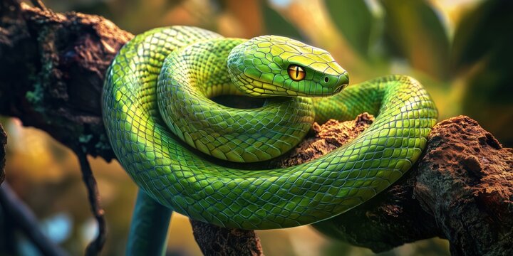 Green tree python resting on branch in vibrant natural habitat
