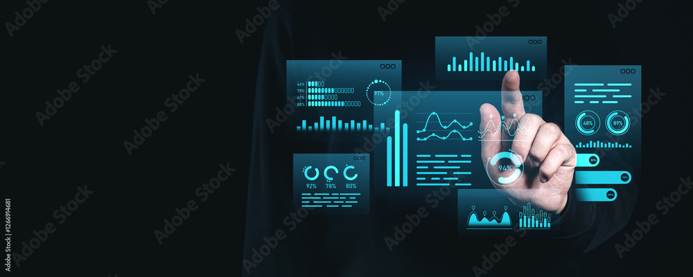 Poster futuristic digital interface showing data charts and analytics on transparent hologram.
