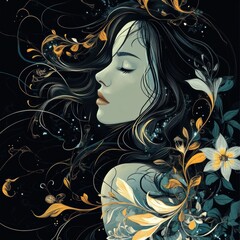 Woman with flowing hair surrounded by intricate floral designs in a dreamy, dark background. Generative AI