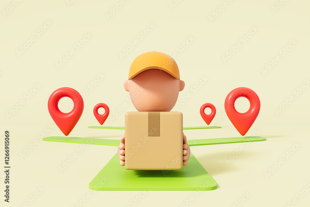 Aufkleber delivery service concept with a courier holding a package and location pins on a light background. 3