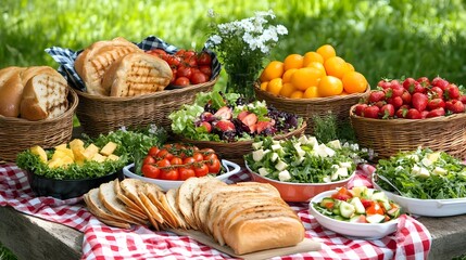 Fototapeta premium A vibrant picnic spread featuring fresh salads, fruits, and breads set on a checkered blanket outdoors