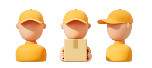 Delivery person concept in yellow uniform holding a package, shown in front, back, and side views. 3D Rendering