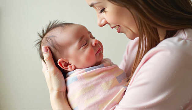 Mother holding her baby in a cozy embrace, sharing a loving smile for family connection concept