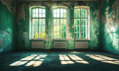 Abandoned room with peeling green walls and large windows letting in natural light