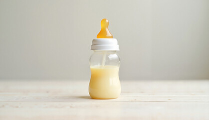 Baby feeding bottle with milk on a wooden surface for infant care concept