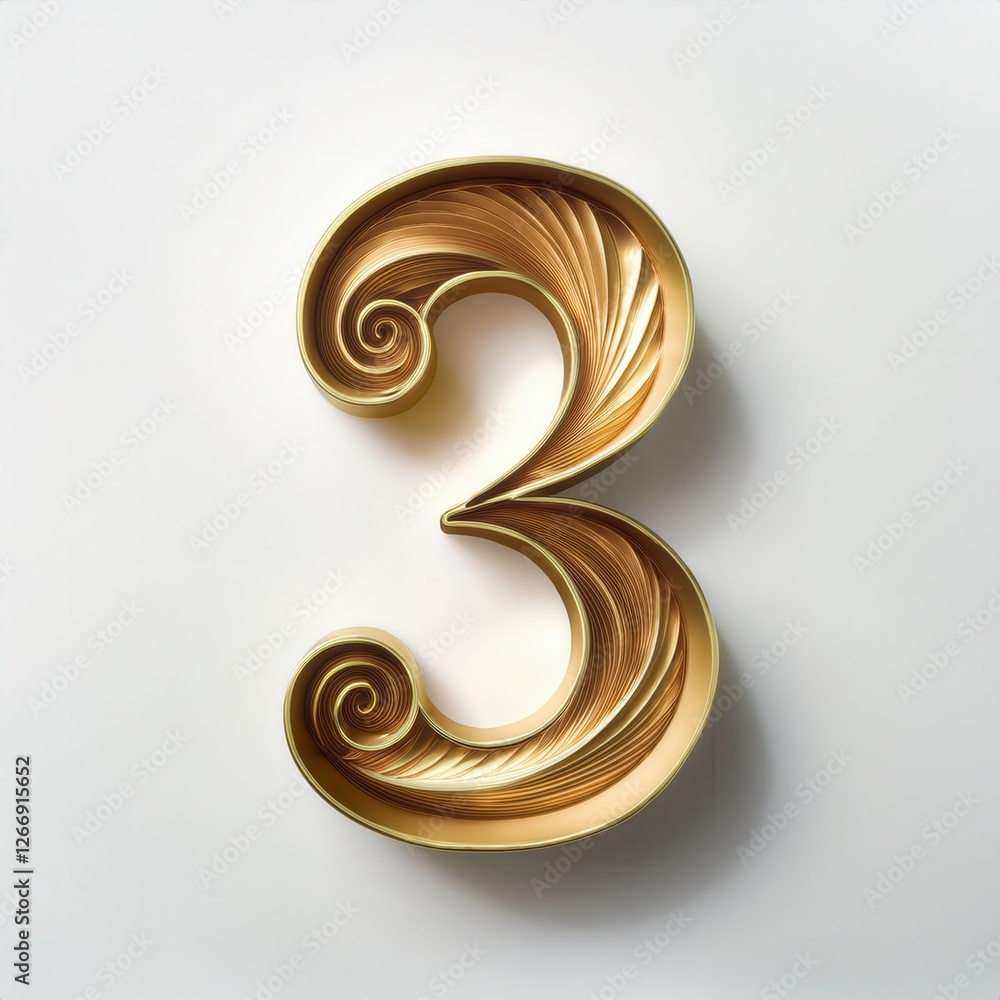 Poster elegant golden number three with spiral design on a light background