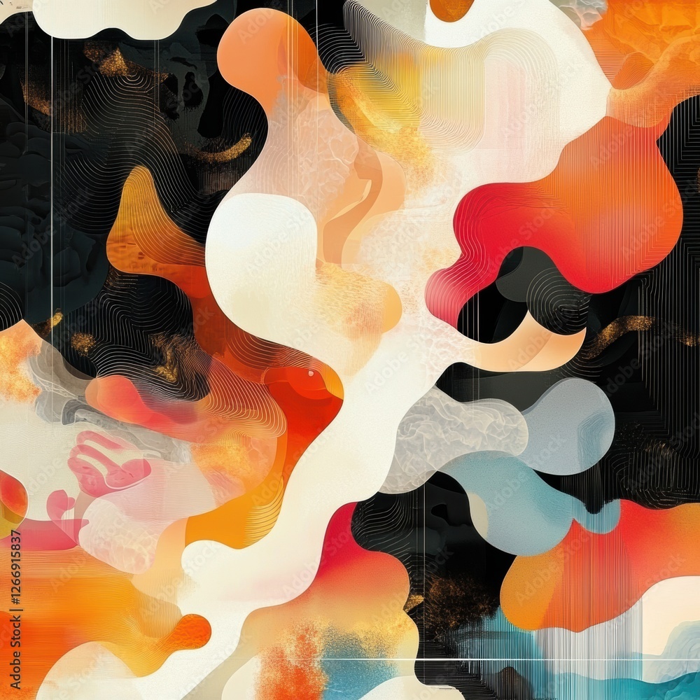Poster abstract shapes and vibrant colors create a lively, artistic composition on a dark background. gener