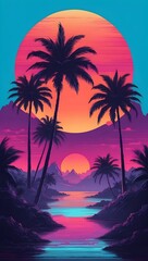 Obraz premium a vibrant, nostalgic 80s-style classic vaporwave design a neon sunset with sharp palm tree silhouettes. the sky fades in a gradient from fiery orange to magenta and deep purple.