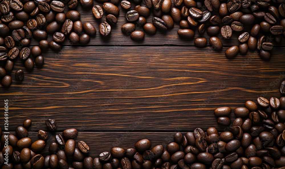 Poster coffee beans arranged on wooden background creating a rustic frame for design