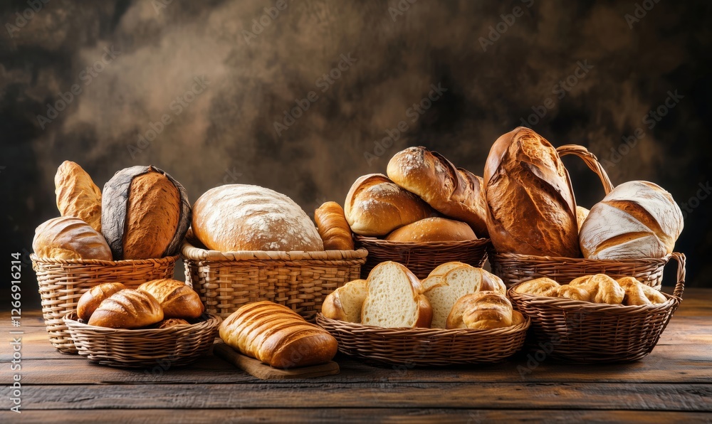 Aufkleber assorted fresh breads in baskets on rustic wooden table with dark background