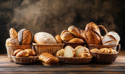 Assorted Fresh Breads in Baskets on Rustic Wooden Table with Dark Background