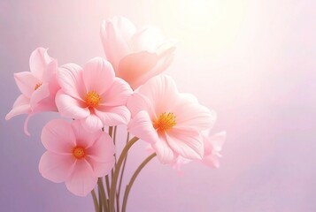 A delicate image of flowers in pastel tones. The background is a gradient of pink and lilac, with petal texture and soft lines that symbolize care and love. Use for greeting card