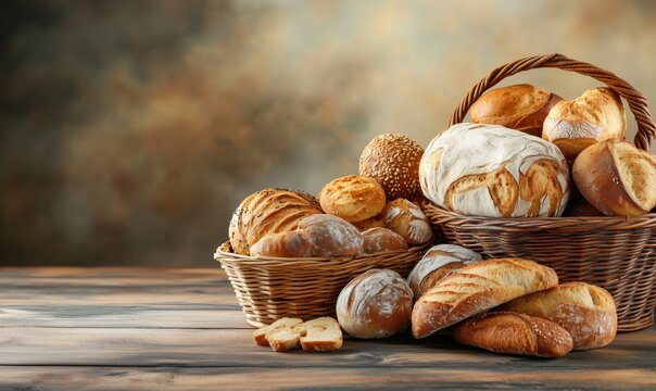 Freshly baked artisan bread assortment in rustic baskets on wooden table