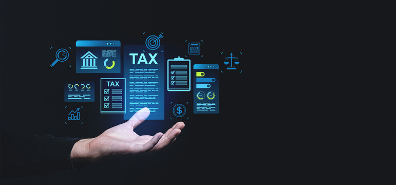 Digital tax management concept with holographic financial icons and a hand gesture.