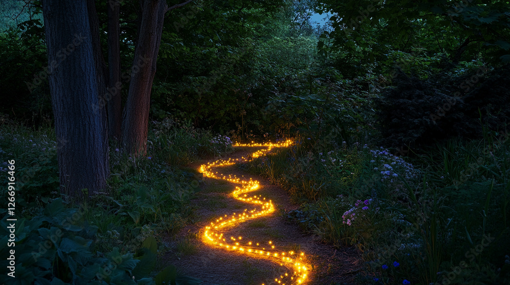 Poster glittering path through a forest at dusk inviting exploration and wonder