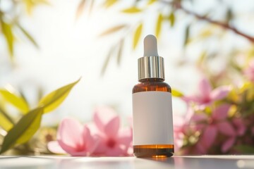 Essential oil bottle with clear white label in outside setting with pink flowers and natural sunlight. Ideal for cosmetic product mockup.