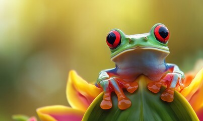 Vibrant red-eyed tree frog perched on colorful flower petal in natural habitat