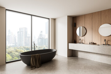 Modern bathroom interior with city view and freestanding tub. 3D Rendering