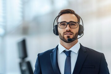 A professional man in a suit wearing a headset, smiling confidently in a modern office environment.