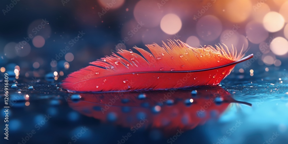 Poster vibrant red feather resting on water surface with droplets and bokeh background