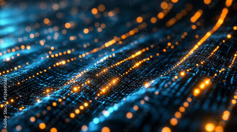 Poster dynamic blue and orange light patterns flowing across a dark background in a modern digital design