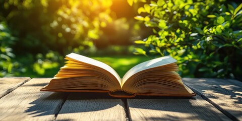Open book on wooden table surrounded by lush greenery and sunlight