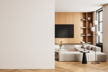 Modern interior with blank wall for mockup and cozy living space. 3D Rendering