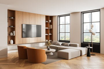 Modern living room with wooden panel wall, beige sectional sofa, and large windows overlooking cityscape. Elegant and warm interior design. 3D Rendering