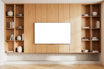 Fototapeta premium Modern interior design with blank framed canvas on wooden wall. 3D Rendering