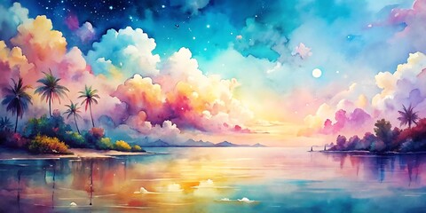 Beautiful painting of a tropical beach with palm trees and a body of water