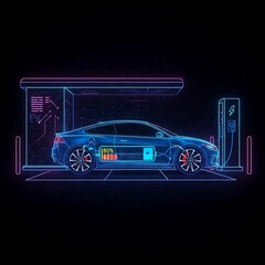 Electric vehicle plugged into charging station at night displaying 80% charge with glowing red tail light