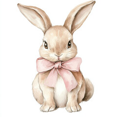 Obraz premium watercolour illustration of an adorable beige bunny rabbit with floppy ears and smooth fur, with a beautiful pink bow