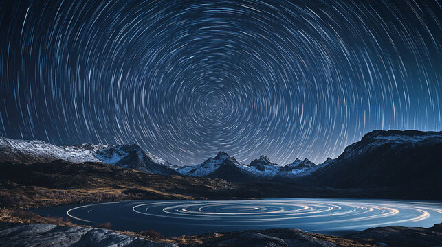 Star trails swirl above a serene lake surrounded by mountains at night