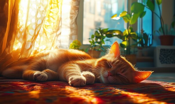 Orange tabby cat sleeping peacefully in sunlit room with plants and curtains