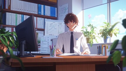 A professional comparing growth charts and reports spread across a wooden desk in a bright office. digital