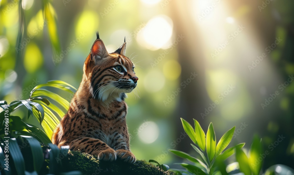 Aufkleber lynx resting in lush green forest with soft sunlight filtering through trees